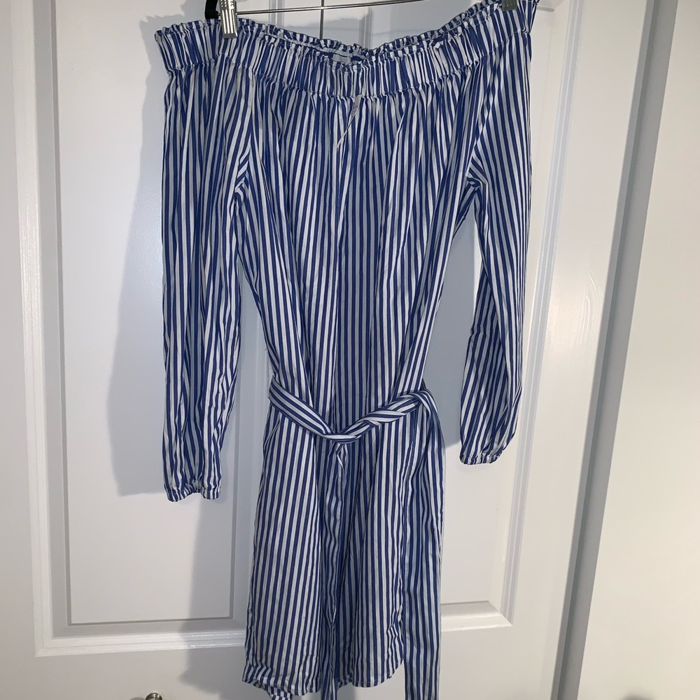 Off the shoulder blue and white dress